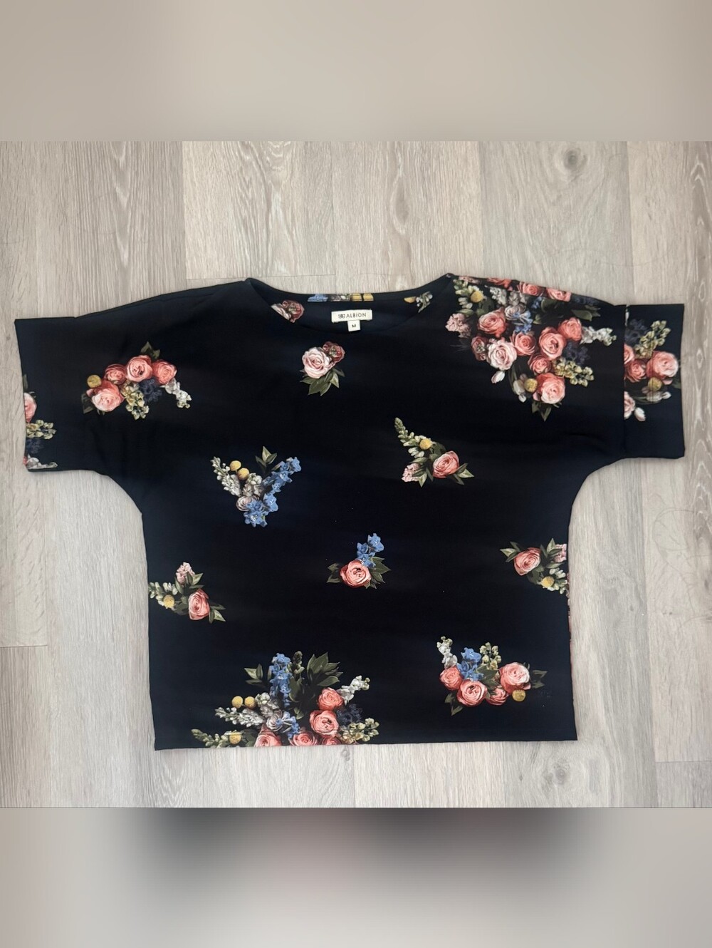 Black Floral Short Sleeve Top with Pink & Blue Blooms: Albion Size MED